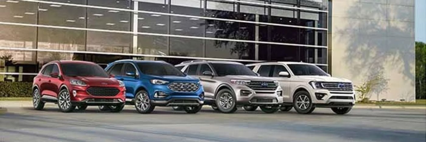 Ford vehicles at a dealership car lot